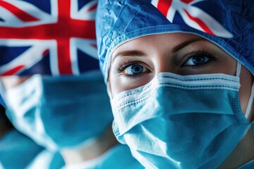 Surgeons wearing protective gear with England flag in a hospital setting during a surgical operation, flag of england over diverse surgeons in hospital
