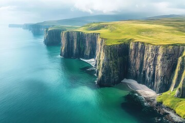 Stunning aerial view of the rugged North Sea coastline showcasing dramatic cliffs and lush green landscapes, Aerial view of the North Sea coastline
