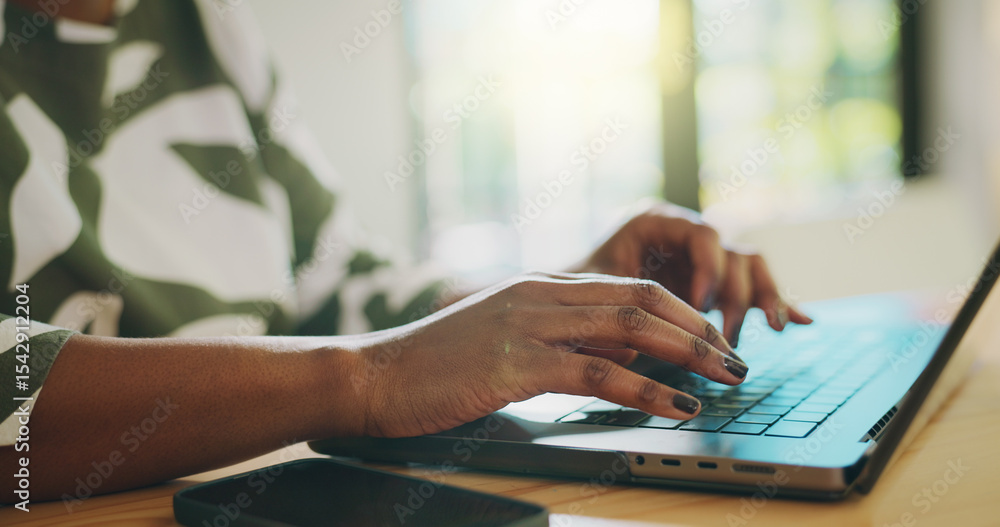 Poster web designer, typing and hands on laptop in office with review, project update and startup. business