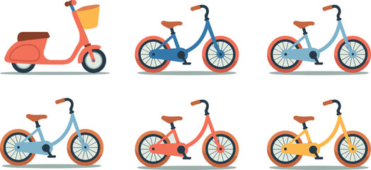 Set of colorful kid's balance bikes in various pastel shades, perfect for showcasing early childhood mobility, learning, and playful design elements.