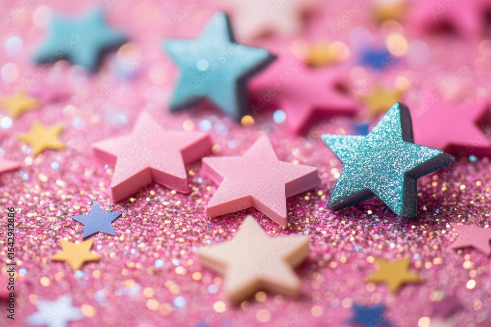Poster Colorful bokeh and sparkling stars creating a whimsical atmosphere on a vibrant pink background, Colorful bokeh and sparkling stars over pink background