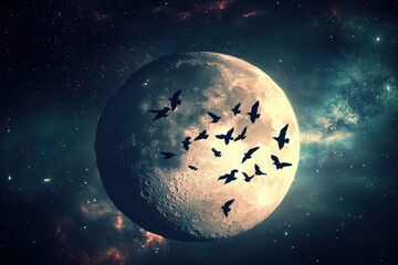 Obraz premium Flock of birds soaring across a giant moon in a starry night sky, The silhouette of a flock of birds flying in front of a giant moon