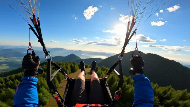 A person is flying through the air with a parachute