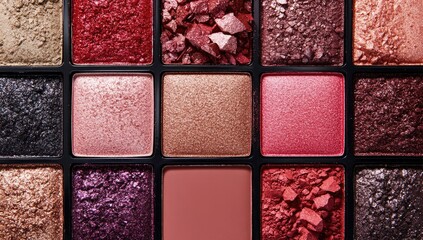 Fototapeta premium Close-up of a colorful eyeshadow palette with crushed pigments in various shades of pink, red, brown, and taupe