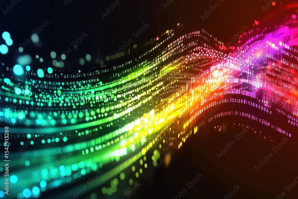 Poster digital data processing with vibrant colors on a black background showcasing information flow in mod