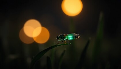 A glowing firefly perched on a blade of grass in a dreamy, illuminated environment.