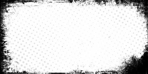 Vector ink frame border and halftone dot pattern Grunge poster design featuring abstract geometric shapes, paint splashes, and a distressed texture