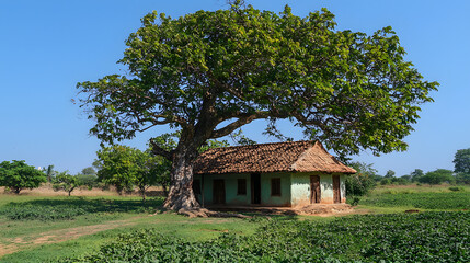 Obraz premium Village farmhouse old Indian rural house. farmer house blue sky green village hut. banyan tree