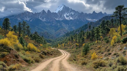 Naklejka premium Mountain Autumn Trail Winding to Snowy Peak