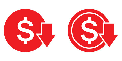 Cost reduction icon set vector. dollar decrease sign. profit decrease symbol. cost saving sign. Cost reduce sign icon for web site. Dollar down icon. Cost reduction icon.