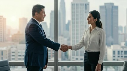 Business handshake by a large window overlooking a cityscape - Powered by Adobe