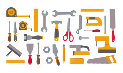 Assortment of Construction, Carpentry, and Repair Tools. A comprehensive flat lay of various construction and repair tools.