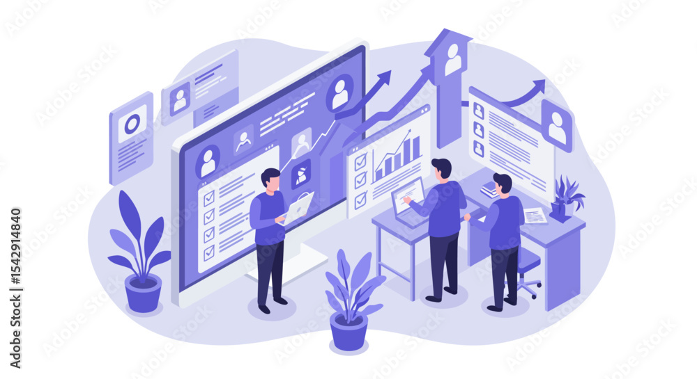 Poster business analytics and teamwork in office setting - data analysis and management strategy vector ill