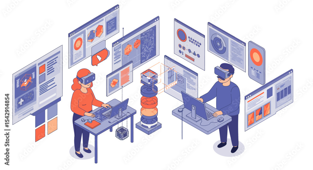 Poster virtual reality collaboration in a digital workspace with innovation and technology vector illustrat