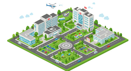 Modern hospital complex with helicopter landing pad and surrounding facilities for healthcare design vector illustration