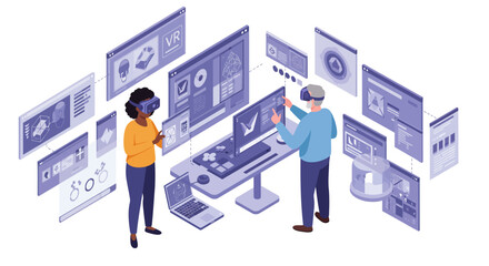 Virtual reality and data analysis collaboration in a futuristic office environment vector illustration