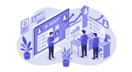 Business analytics and teamwork in office setting - data analysis and management strategy vector illustration