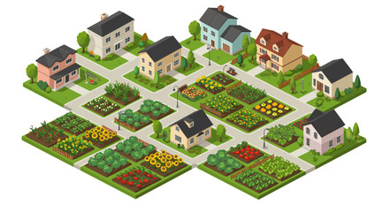 Community garden neighborhood with houses and lush vegetable gardens vector illustration