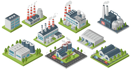 Isometric industrial buildings and factories for urban planning and design vector illustration