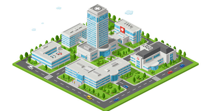 Modern hospital complex isometric view for medical facility design and planning vector illustration