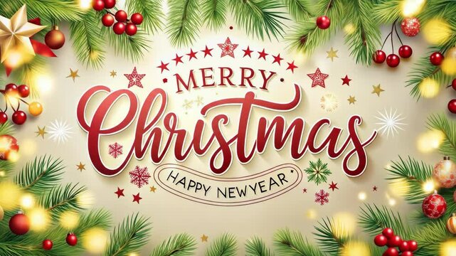 Merry Christmas and Happy New Year Festive Greeting - A vibrant Christmas greeting card design featuring the text "Merry Christmas, Happy New Year" in elegant red script surrounded by lush green pine