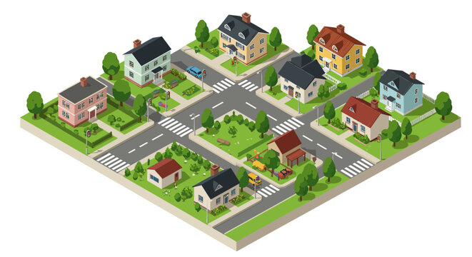 Isometric urban neighborhood with houses and streets for city planning design vector illustration