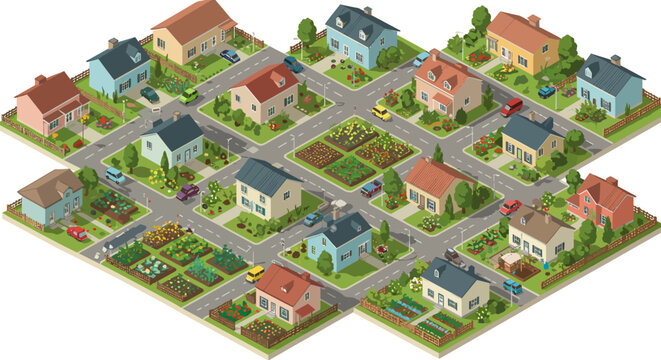 Isometric neighborhood with houses and gardens: urban planning concept vector illustration