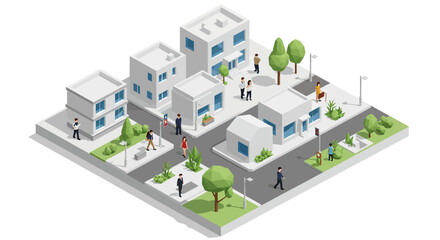 Modern urban neighborhood with minimalist architecture and community interaction vector illustration