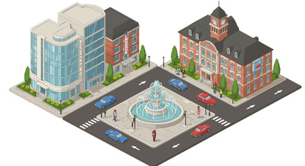 Urban cityscape with modern buildings and fountain in town square vector illustration