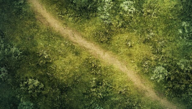 High-angle view of a path through a lush green forest