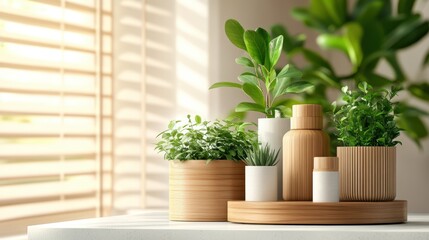 Fototapeta premium Modern indoor plant arrangement with various potted greenery on a white surface near window sunlight