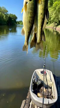 Fresh stringer of catfish bobs in the river shallows as water ripples under a bright sun, one fish twitching slightly while birds chirp and reeds sway in the gentle current Dynamic Camera