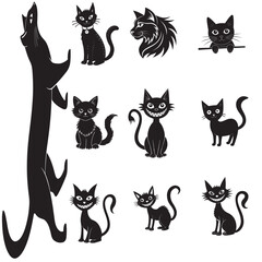 Cute Black Cat Vector Silhouettes Collection on White Background