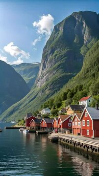 village of Undredal nestles against rugged mountains near Flam, Norway, as gentle waves lap the shore and colorful boats bob in the harbor under a misty, serene sky Dynamic Camera