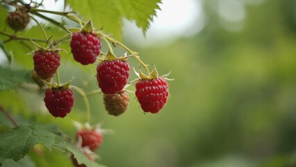 Ripe red raspberries grow on a green bush. The berries are plump and juicy, surrounded by lush green leaves in a natural setting.