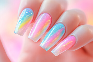 Vibrant abstract watercolor nail art with rainbow gradient design for fashion inspiration