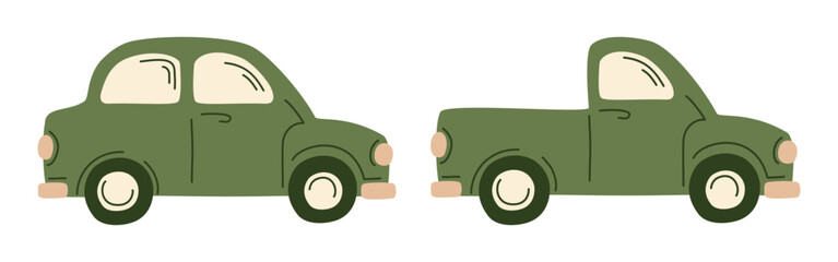 Set of two vintage green farmers vehicles, compact car, pickup truck. Hand-drawn retro automobile vector illustration in cute flat style. Perfect for travel, countryside, and nostalgic designs.