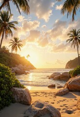 Sunset Beach Scene with Palm Trees, Rocks, and Golden Reflections on Water