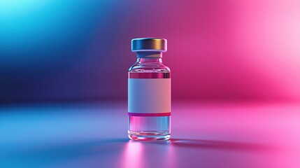 Vaccine vial with label on blue - pink gradient background, focusing on medical and health theme