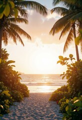 Sunset Path to Beach Framed by Palm Trees and Vibrant Tropical Foliage
