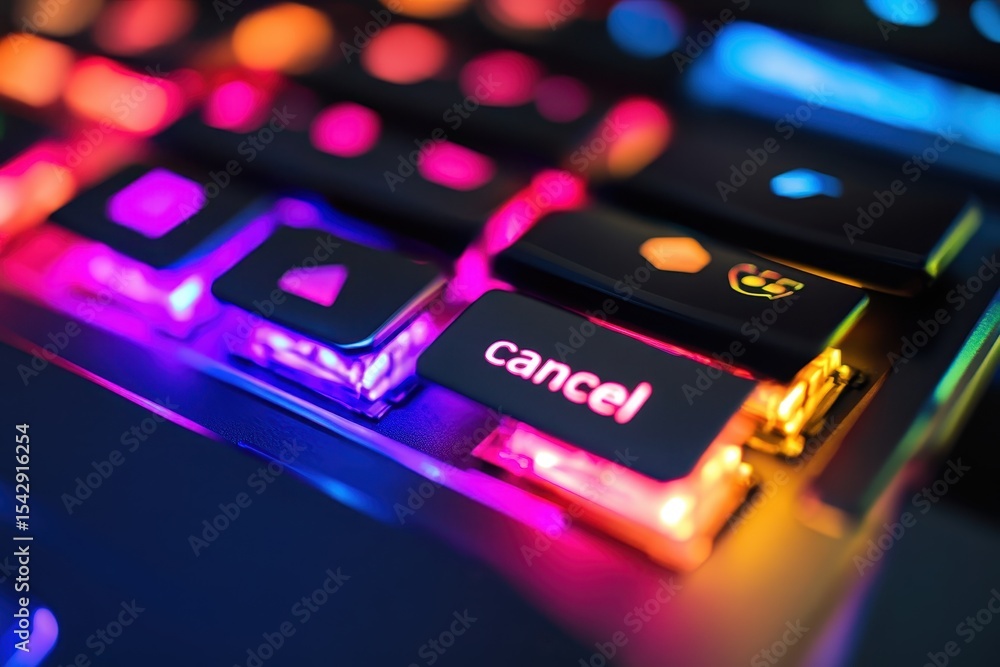 Poster colorful keyboard keys with illuminated cancel button in a dynamic setup, the multi-colored keyboard