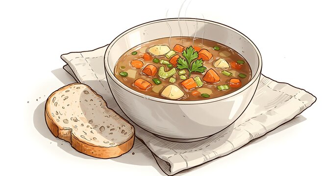 steaming soup bowl with bread on napkin clip art preview