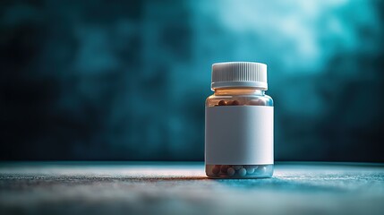 Transparent pill bottle with colorful pills on blue - green gradient background, highlighting medical health concept