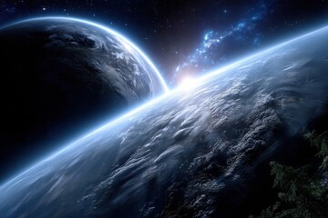 Celestial view of planet with sunrise illuminating atmosphere and cosmic backdrop
