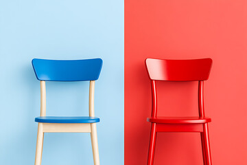 A striking contrast: two chairs facing away, one blue, one red, against corresponding color backgrounds. Minimalist design, vibrant hues.