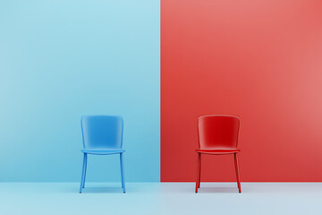 Dual Chairs: A minimalist studio shot featuring a blue chair against a blue backdrop and a red chair against a red backdrop, symbolizing contrast and balance.