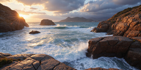 Rocky coastline with crashing waves at sunrise for dramatic and maritime themes. A rugged cliffside overlooks a turbulent ocean, with waves crashing against
