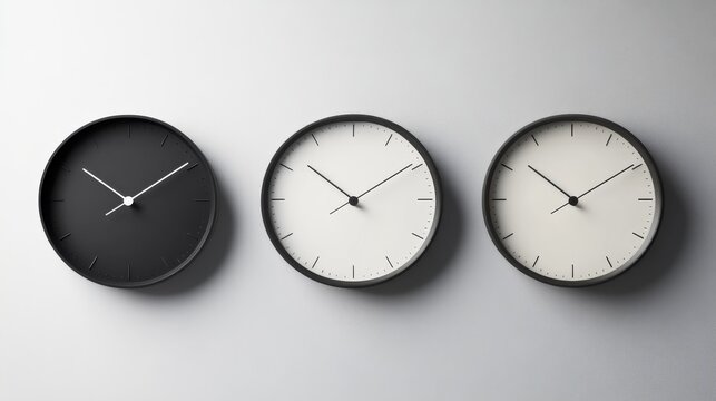 56.A detailed vector set of modern wall office clocks featuring black and white dials, clean minimalist clock hands, and subtle shadow effects for a realistic appearance.