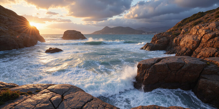 Rocky coastline with crashing waves at sunrise for dramatic and maritime themes. A rugged cliffside overlooks a turbulent ocean, with waves crashing against - Powered by Adobe