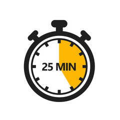 25 Minute Timer Icon in a Modern Flat Style. A Clock, Stopwatch, or Chronometer Displaying a Twenty Five Minute Mark. Ideal for Cooking Duration or Countdown Display